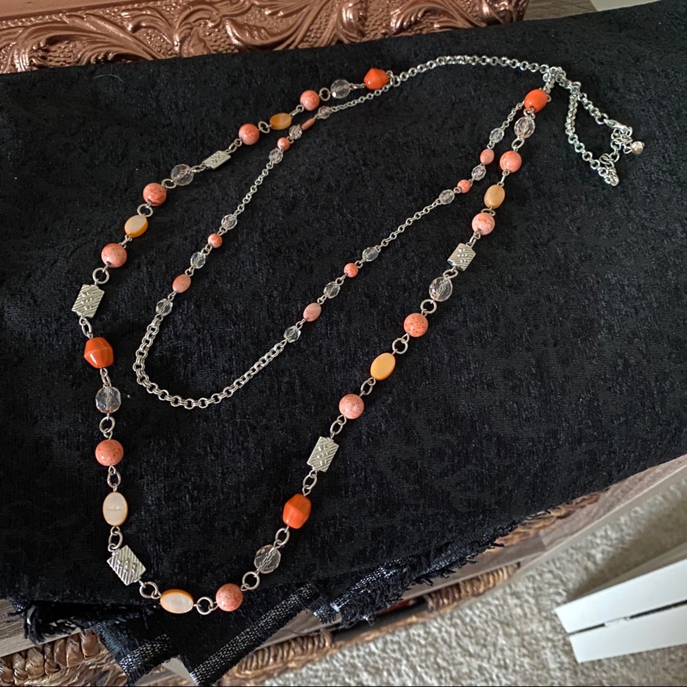 Long Silver & Orange Necklace with Silver Accents